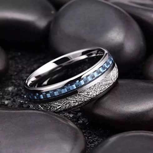 Men's 8mm Tungsten Blue Meteorite Inspired Inlay Comfort-Fit Wedding Band